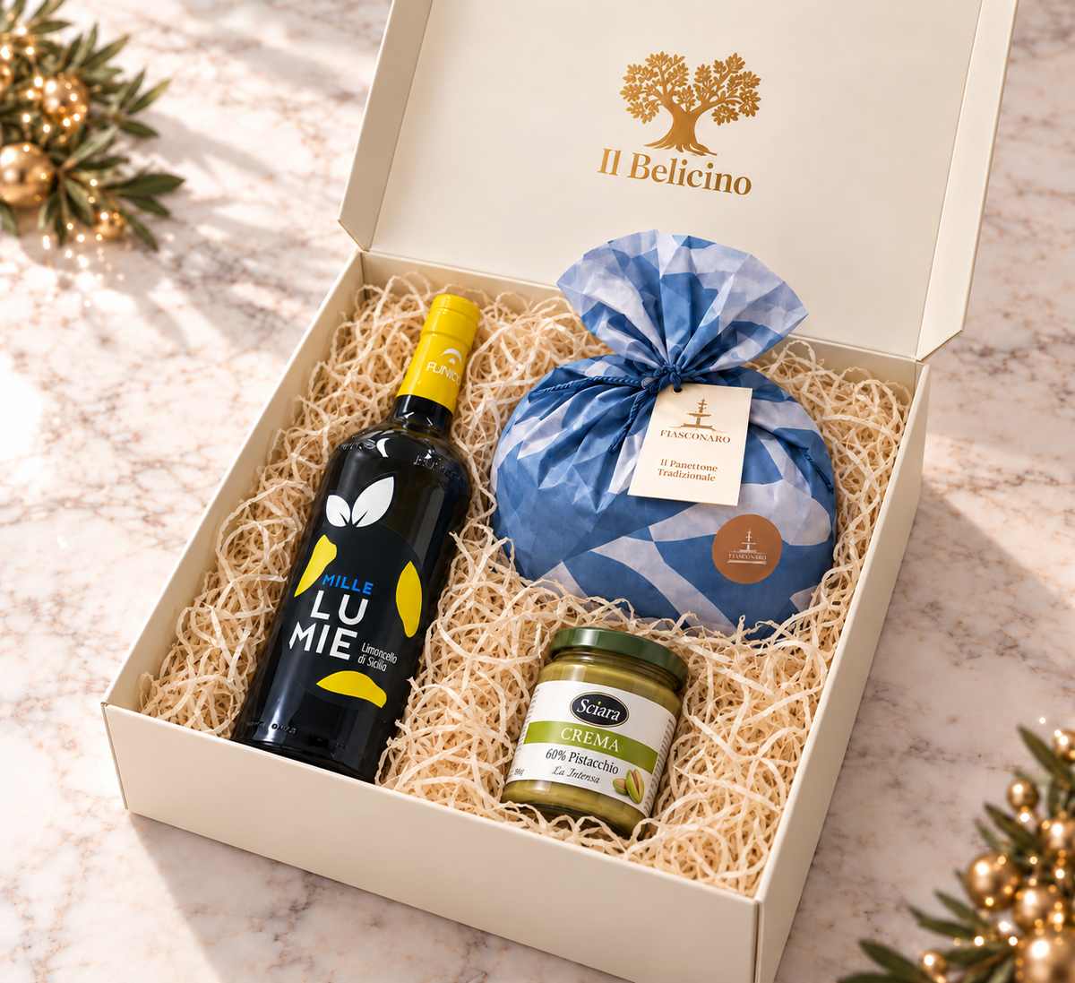 Box prodotti tipici siciliani Fiasconaro Premium con truciolato naturale, limoncello Punico e crema Sciara 60%