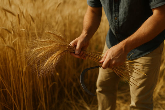 Mani che raccolgono spighe mature in un campo di grano