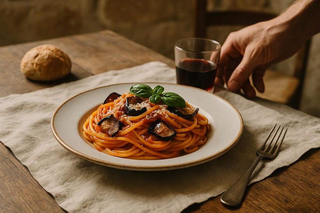 Piatto di pasta al pomodoro e melanzane, ispirato alla cucina siciliana