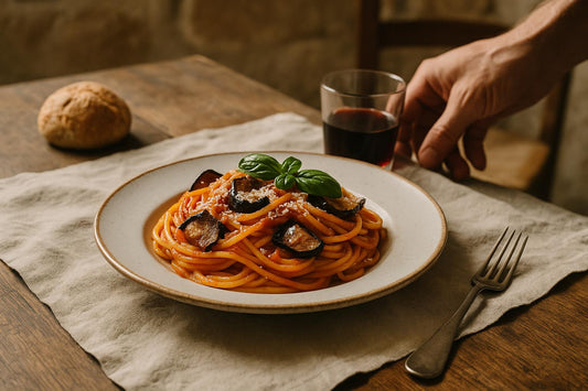 Piatto di pasta al pomodoro e melanzane, ispirato alla cucina siciliana