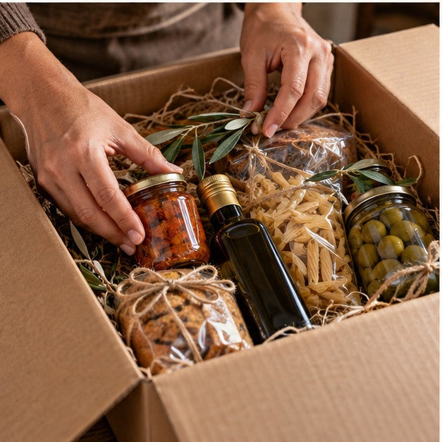 Illustrazione editoriale: preparazione di una box gastronomica