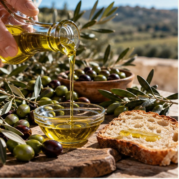 Illustrazione editoriale: degustazione di olio extravergine, pane e olive