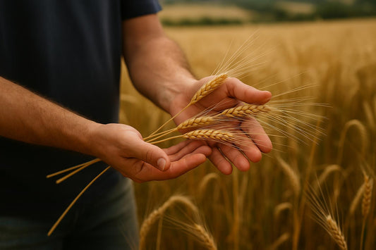 Spighe di grano tenute tra le mani in un campo