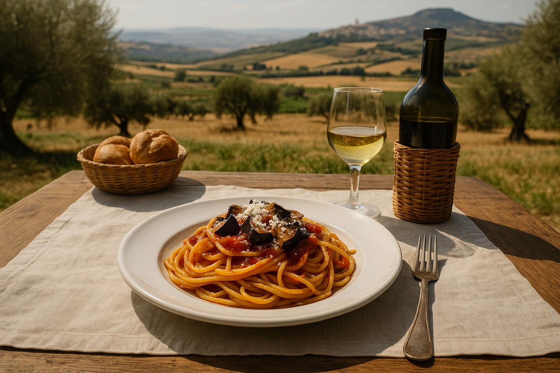 Tavola con pasta e vino in un paesaggio agricolo mediterraneo