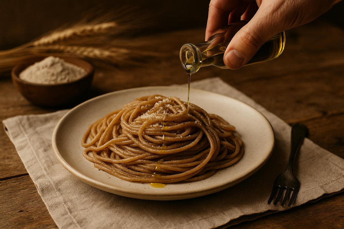 Pasta integrale condita con olio extravergine di oliva