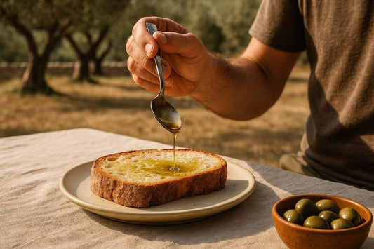 Pane rustico condito con olio extravergine di oliva e olive siciliane