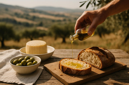 Pane rustico, olive e formaggio con olio extravergine in un paesaggio mediterraneo
