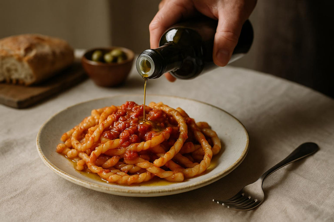 Piatto di pasta al pomodoro condito con olio extravergine di oliva