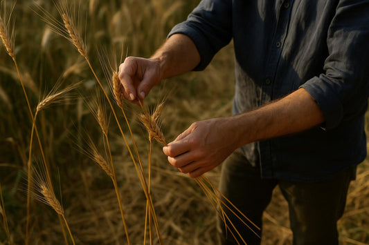 Mani che osservano spighe di grano in un campo